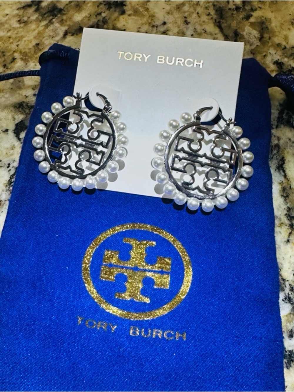 Tory Burch Silver Logo Hoop Earrings with Pearl Trim